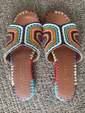 Marc Fisher Multicolor Crochet Slide Sandals - Pink, Turquoise, Mustard